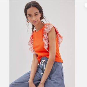 Maeve by Anthropologie Red Eyelet Ruffle Sleeve Shirt size M